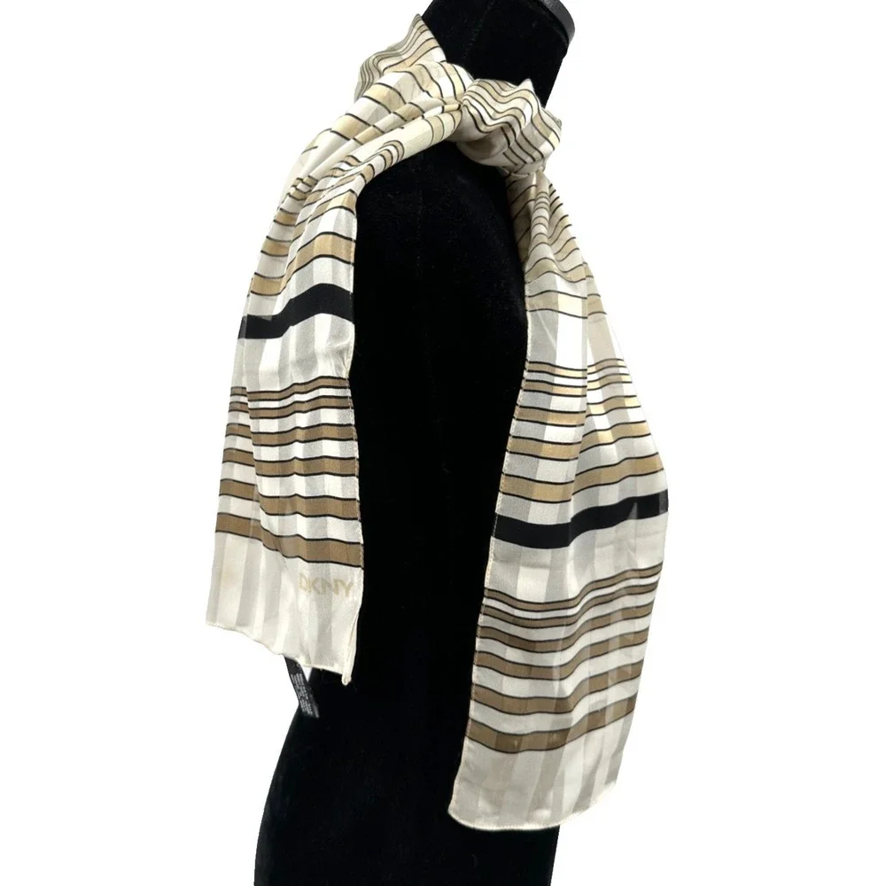 DKNY Womens Cream Tone On Tone Stripe Geometric Rectangular Silk Scarf Italy‎
